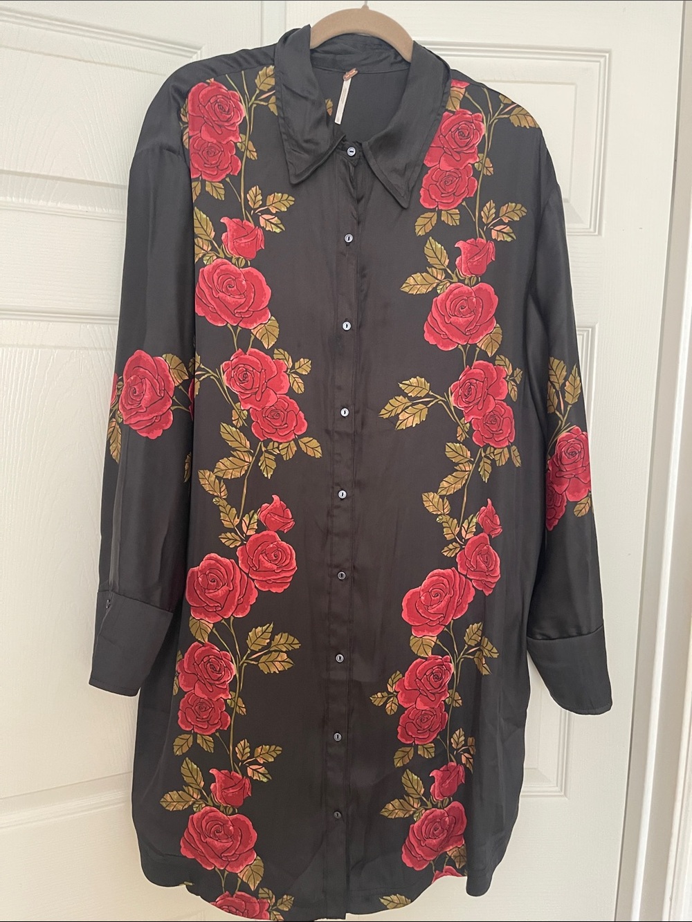 Black Floral Longline Shirt Dress with Red Rose Print
